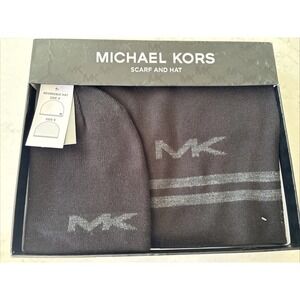 Michael Kors Mens Reversible Beanie Hat Scarf Set Black Grey Gift MK Logo New